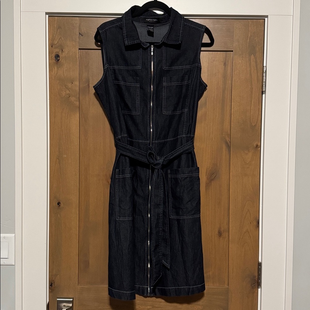 Eighty Eight Premium Womens Denim Midi Dress Womens 16 Sleeveless Zip Front